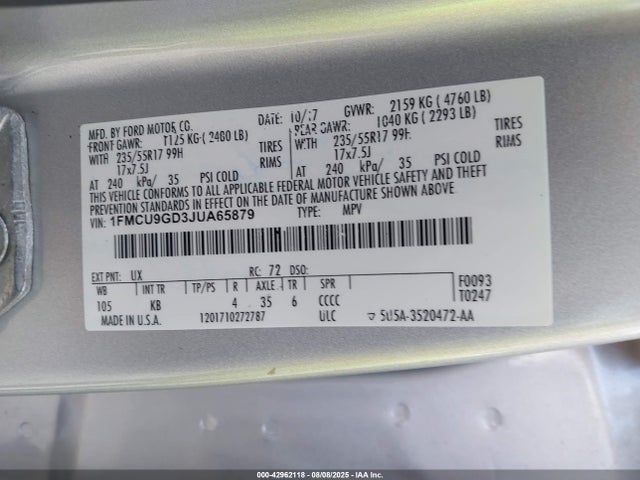 1FMCU9GD3JUA65879 Ford 1.5l gtdi sigma w/premium fuel