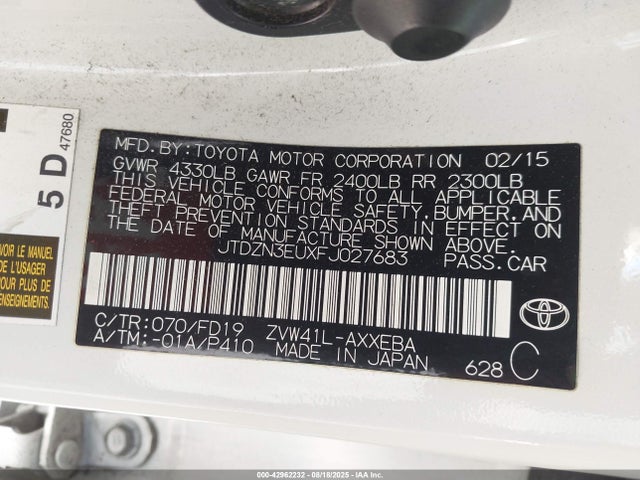 Toyota 2zr-fxe+5jm 2015 JTDZN3EUXFJ027683 Image 9