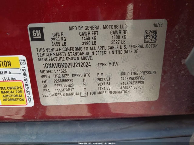 Chevrolet llt 2015 1GNKVGKD2FJ212024 Image 9