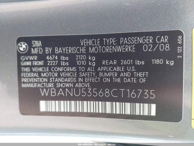Продаж на аукціоні авто 2008 Bmw 528i, vin: WBANU53568CT16735, номер лоту: 42962253