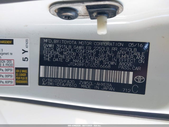 JTDKBRFU1G3016668 Toyota 2zr-fxe,1nm