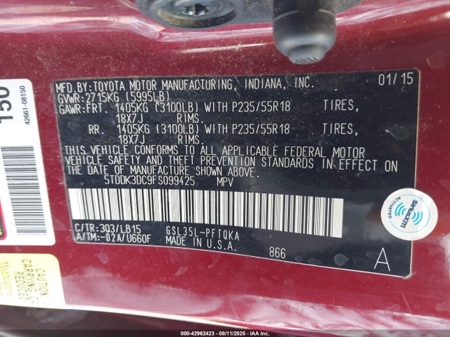 5TDDK3DC9FS099425 Toyota Sienna Limited Premium 7 Passenger