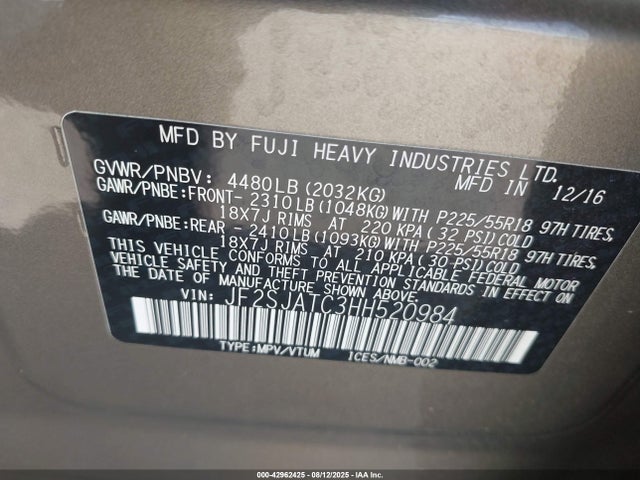 Subaru naturally aspirated u5 2017 JF2SJATC3HH520984 Image 9