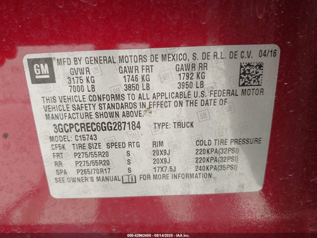 3GCPCREC6GG287184 Chevrolet l83 - sidi, vvt, afm, e85 max, aluminum