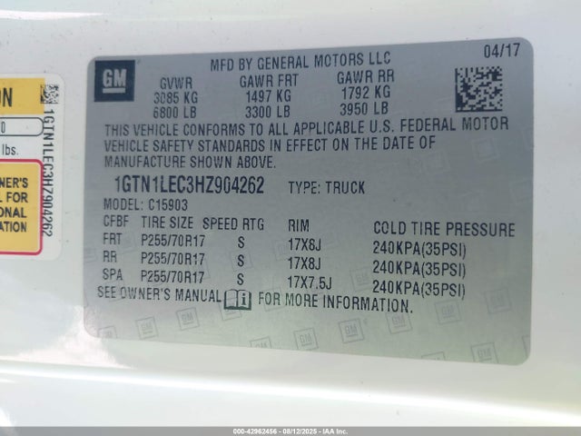 1GTN1LEC3HZ904262 GMC l83 -spark ignited direct injection, variable valve timing, afm, e85 max, alum