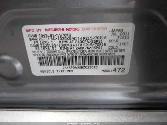 2011 MITSUBISHI OUTLANDER SPORT JA4AP3AUXBZ022020 Photo 8