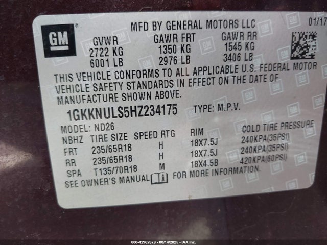 1GKKNULS5HZ234175 GMC lgx - di: direct injection, vvt: variable valve timing, alum, gen 2