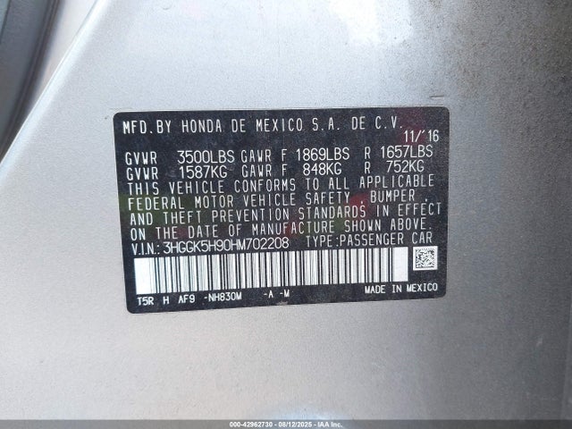 3HGGK5H90HM702208 Honda l15b1/l15b3