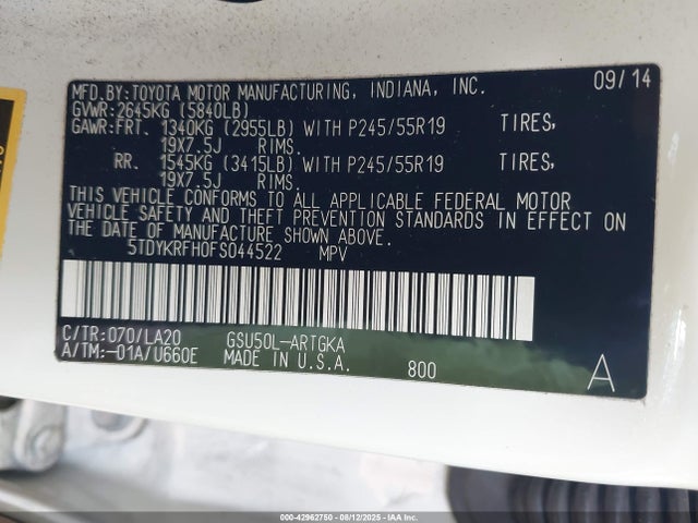 5TDYKRFH0FS044522 Toyota 2gr-fe