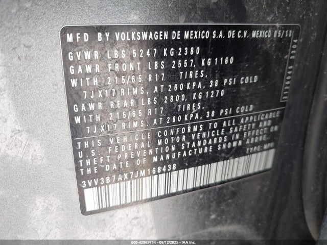 3VV3B7AX7JM168438 Volkswagen 2018