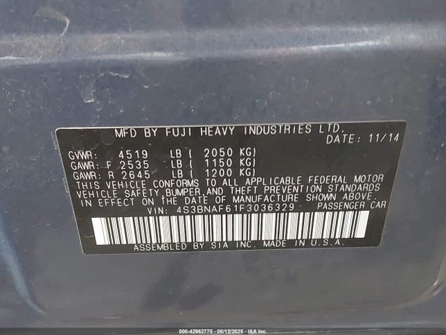 4S3BNAF61F3036329 Subaru 2.5l u5