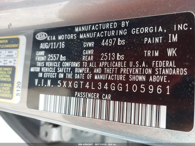 5XXGT4L34GG105961 KIA t-gdi theta ii