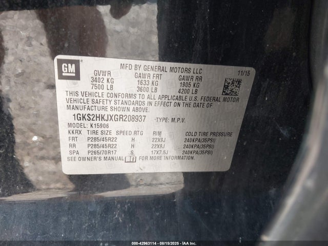 1GKS2HKJXGR208937 GMC l86 - sidi, vvt, afm, e85 max, alum