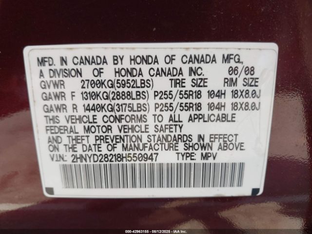 2008 ACURA MDX 2HNYD28218H550947 Photo 8