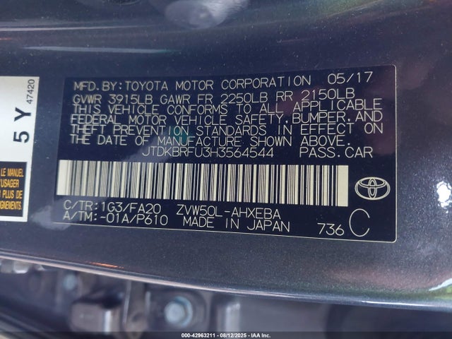 Toyota Prius Two 2017 JTDKBRFU3H3564544 Image 9