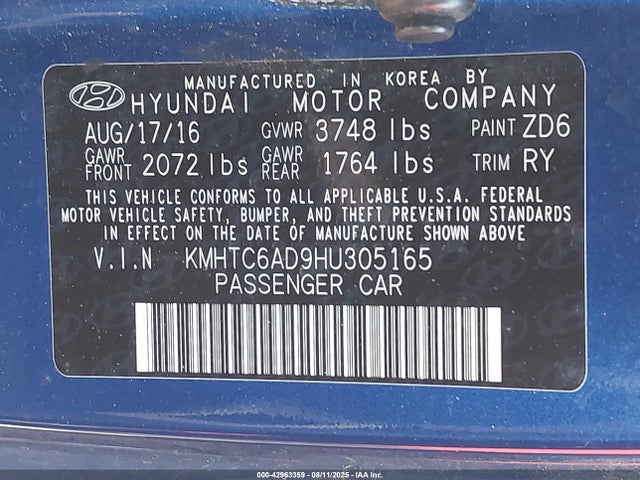 KMHTC6AD9HU305165 Hyundai gdi gamma