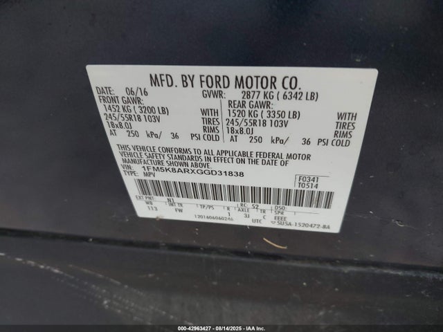 1FM5K8ARXGGD31838 Ford 2016