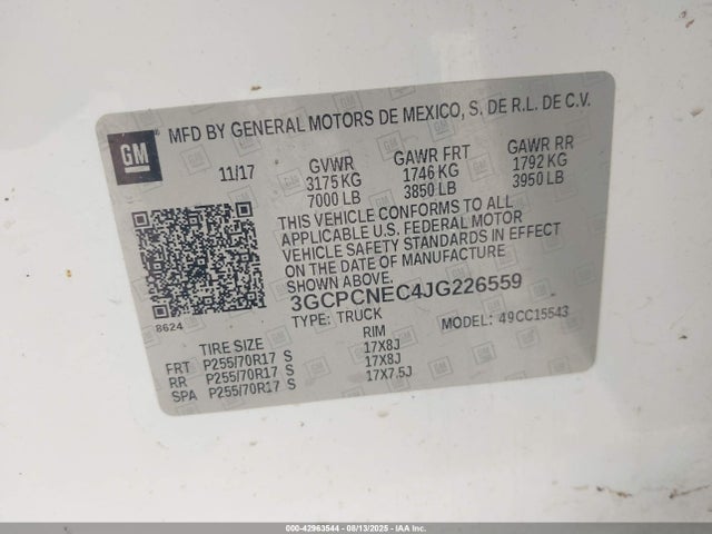 3GCPCNEC4JG226559 Chevrolet l83 - sidi: spark ignited direct injection, vvt: variable valve timing, afm, e85 max, alum