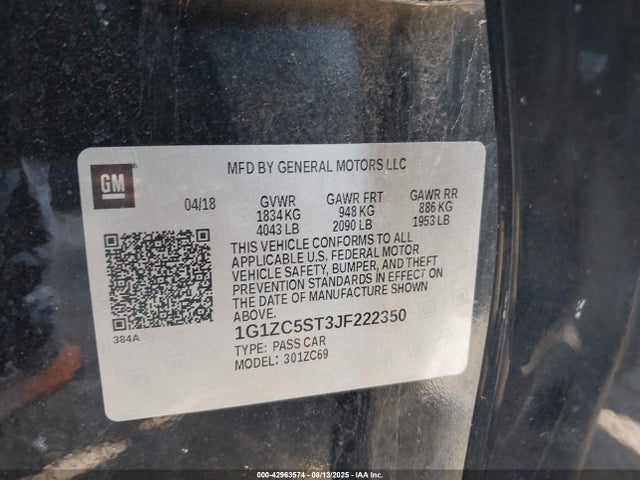 1G1ZC5ST3JF222350 Chevrolet lfv - direct injection, variable valve timing, gen 1