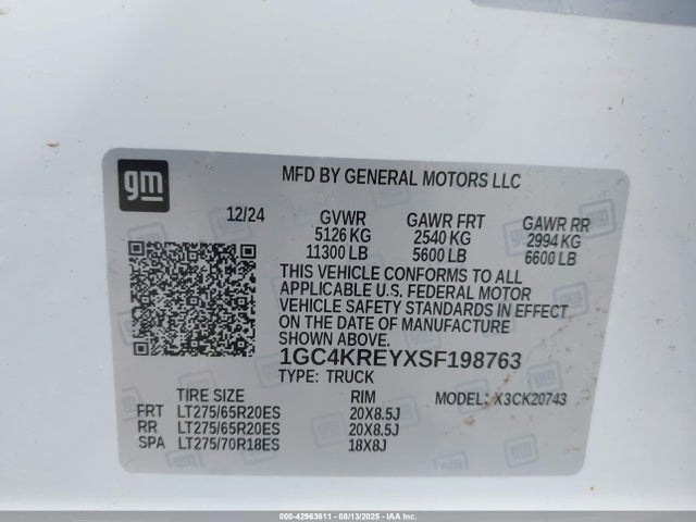 1GC4KREYXSF198763 Chevrolet Silverado 2500hd 4wd Standard Bed High Country