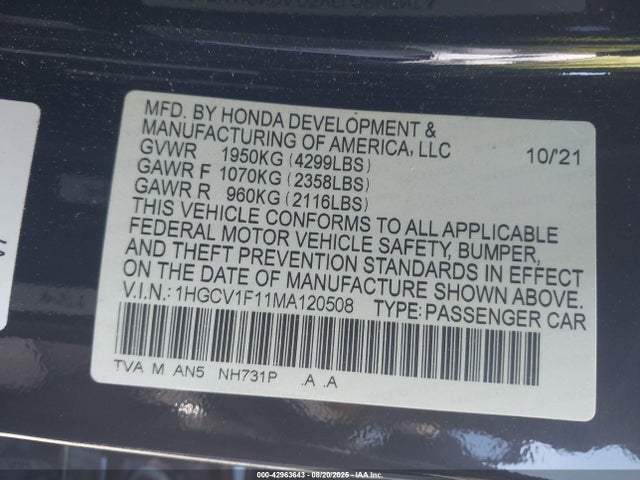 1HGCV1F11MA120508 Honda l15be