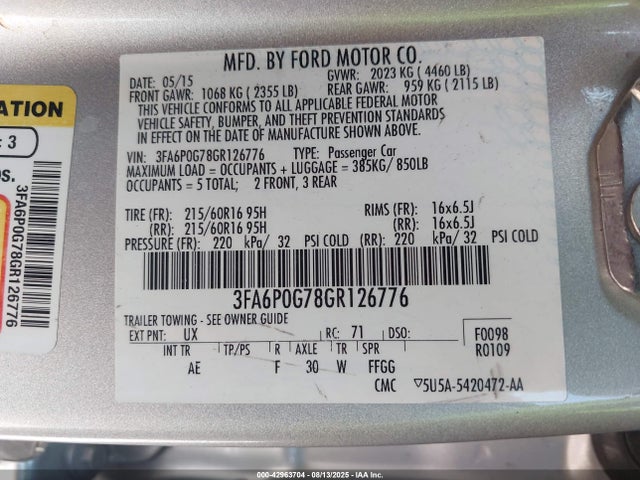 3FA6P0G78GR126776 Ford 2016