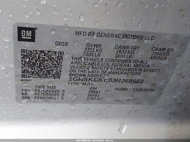 1GNSKCKC0JR268563 Chevrolet l83 - spark ignited direct injection, variable valve timing, afm, e85 max, alum