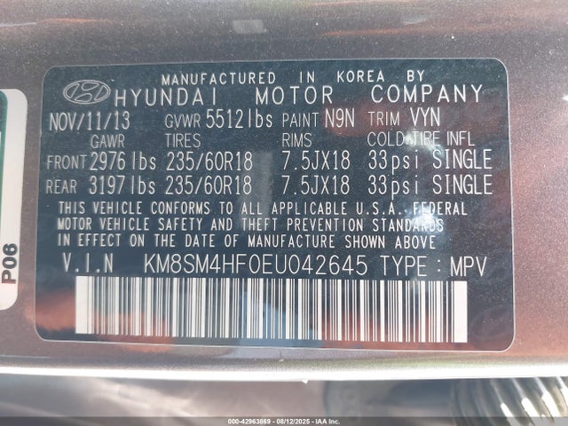 KM8SM4HF0EU042645 Hyundai dohc gdi lambda