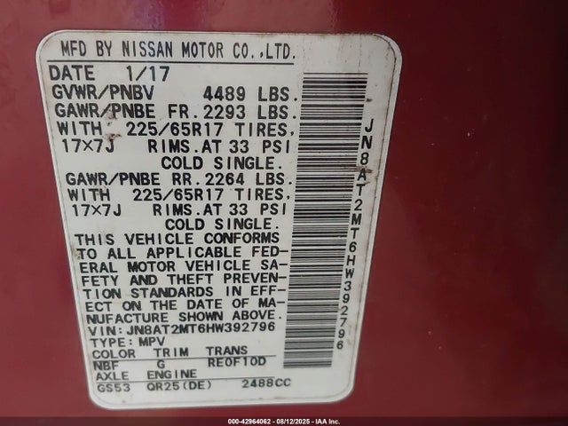 JN8AT2MT6HW392796 Nissan Rogue