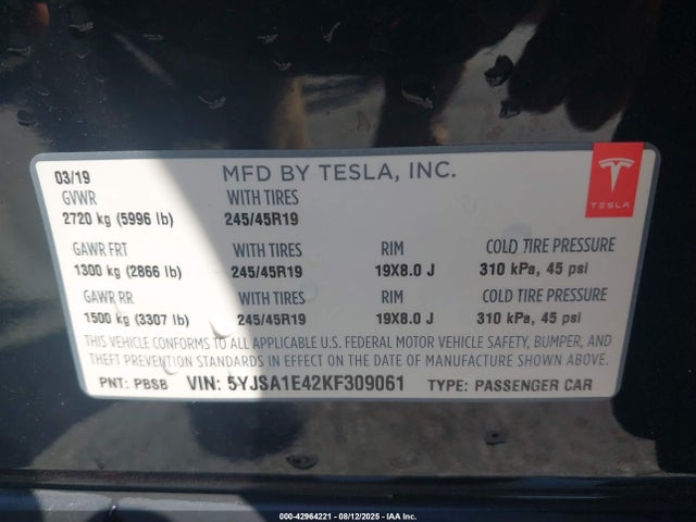 2019 TESLA MODEL S 5YJSA1E42KF309061 Photo 8