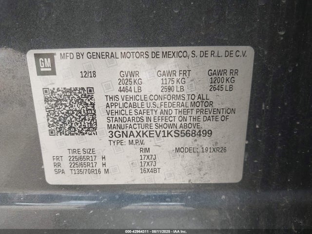 3GNAXKEV1KS568499 Chevrolet lyx - direct injection, vvt, fgt, turbo, alum, gen1