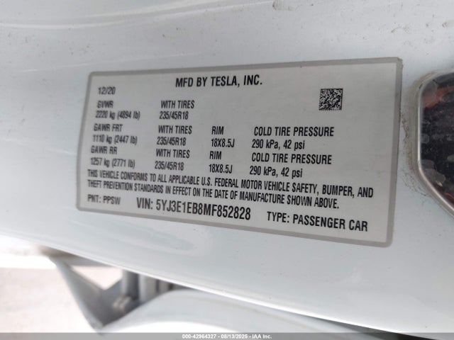 2021 TESLA MODEL 3 5YJ3E1EB8MF852828 Photo 8