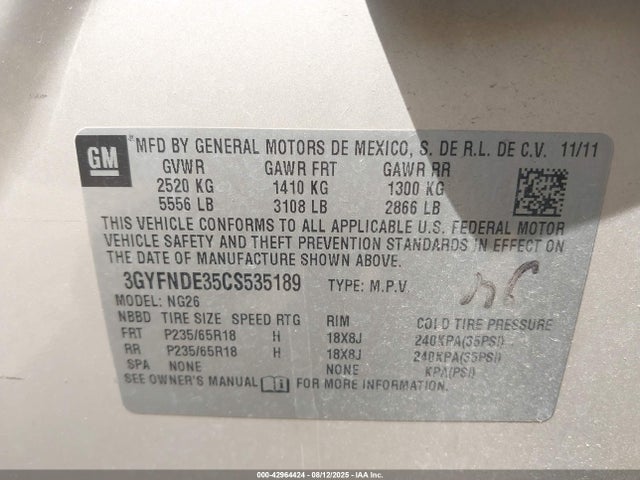 2012 CADILLAC SRX 3GYFNDE35CS535189 Photo 8