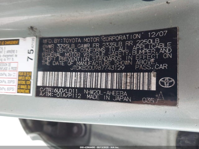 Aukcja sprzedaży 2008 Toyota Prius Standard/touring, vin: JTDKB20U987743129, numer aukcji: 42964495