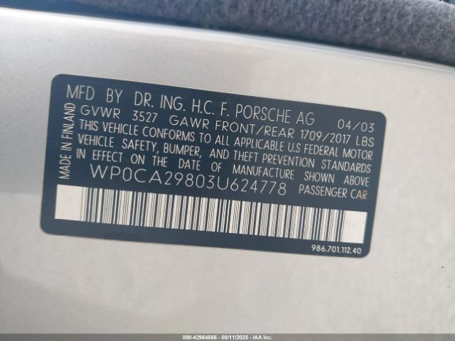 2003 PORSCHE BOXSTER WP0CA29803U624778 Photo 8