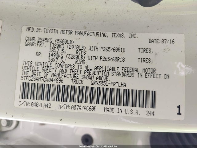 5TFGZ5AN7GX044896 Toyota 2gr-fks