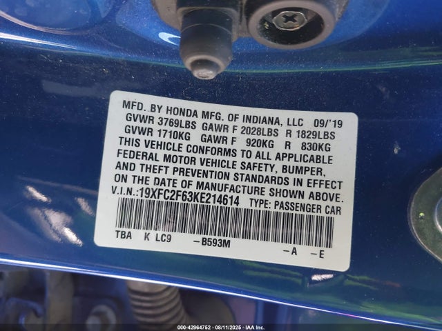 Honda k20c2 2019 19XFC2F63KE214614 Image 9