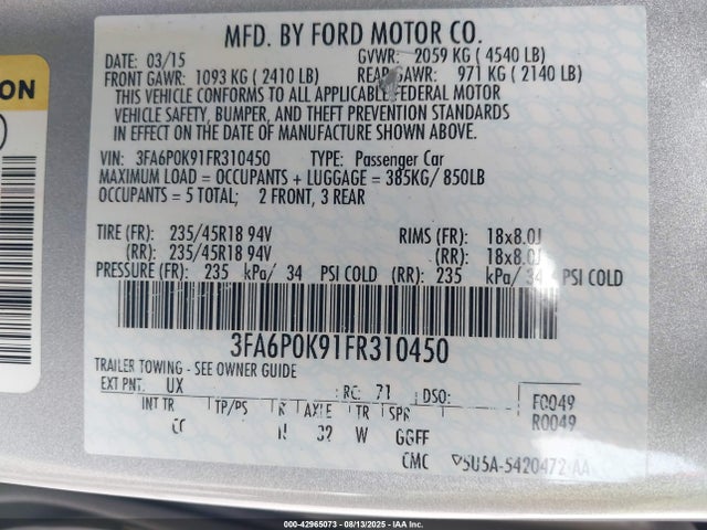 Ford Fusion 2015 3FA6P0K91FR310450 Image 9