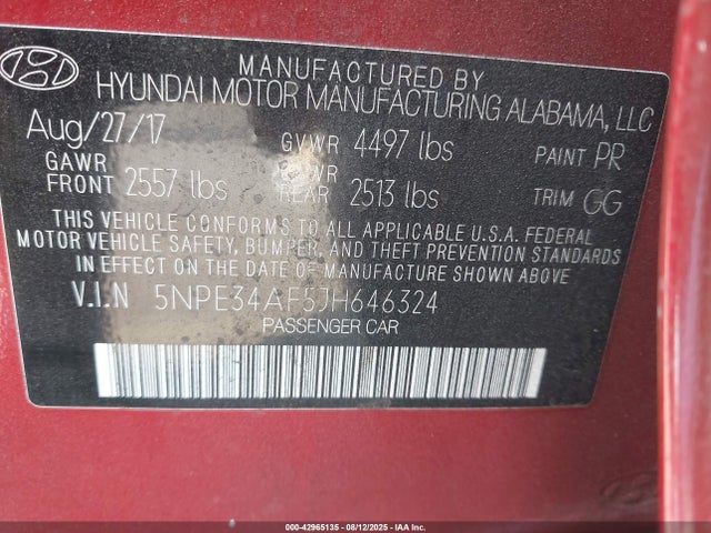 5NPE34AF5JH646324 Hyundai SONATA SEL