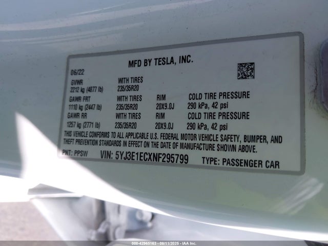 2022 TESLA MODEL 3 5YJ3E1ECXNF295799 Photo 8