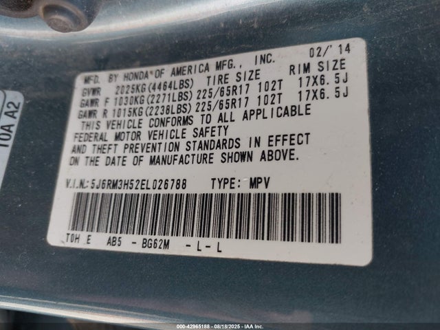 Продаж на аукціоні авто 2014 Honda Cr-v Ex, vin: 5J6RM3H52EL026788, номер лоту: 42965188