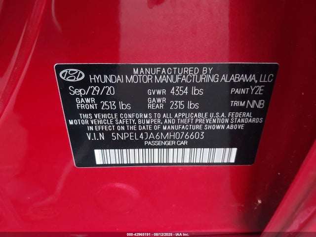 5NPEL4JA6MH076603 Hyundai gdi theta iii