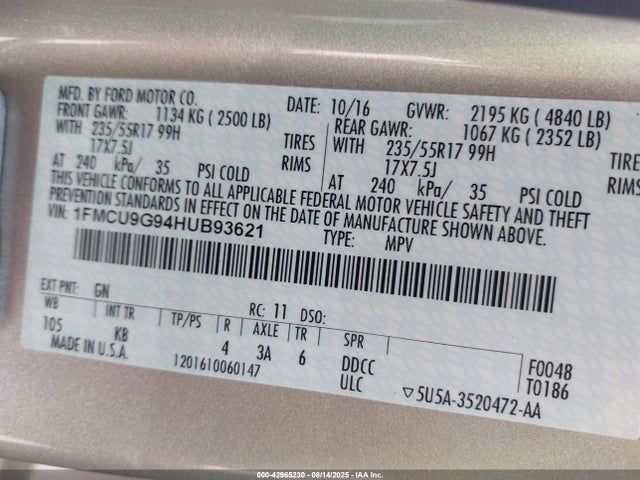 1FMCU9G94HUB93621 Ford Escape