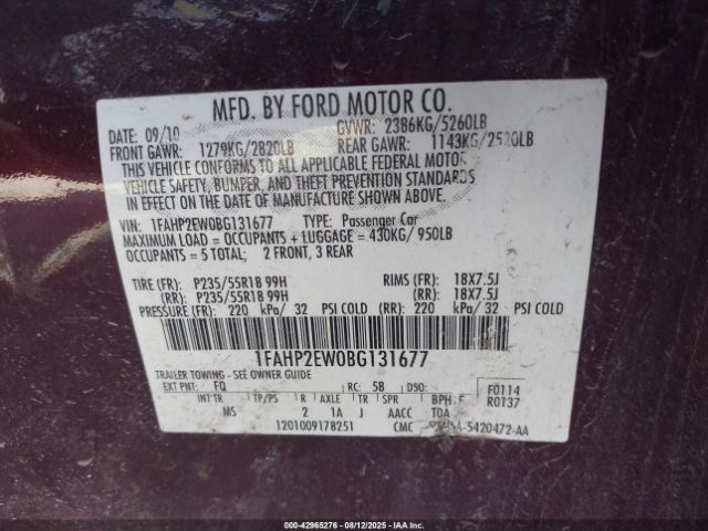 2011 FORD TAURUS 1FAHP2EW0BG131677 Photo 8
