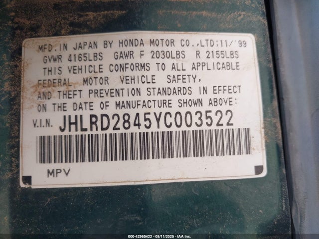 Продажа на аукционе авто 2000 Honda Cr-v Lx, vin: JHLRD2845YC003522, номер лота: 42965422