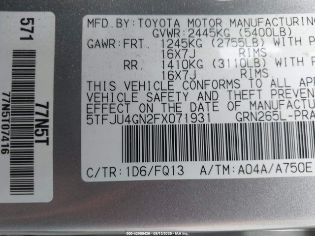 Toyota 1gr-fe 2015 5TFJU4GN2FX071931 Image 9