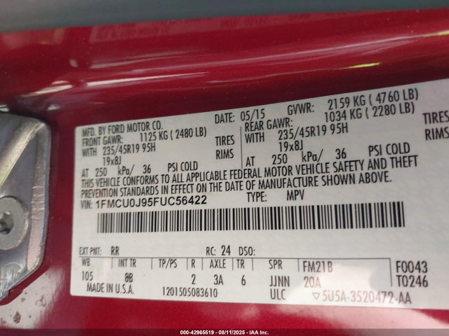 Ford Escape 2015 1FMCU0J95FUC56422 Image 9