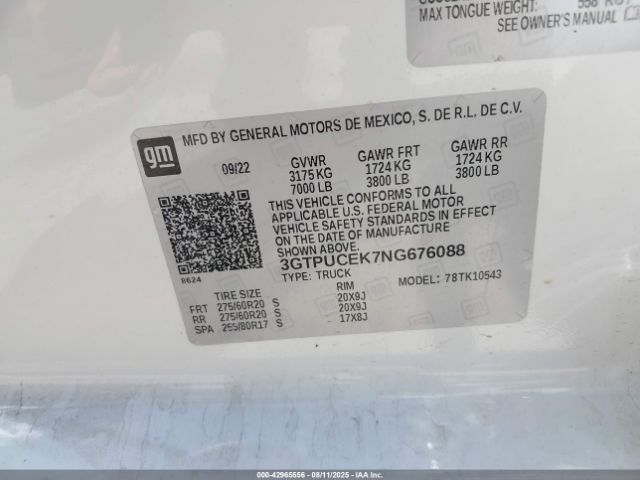 2022 GMC SIERRA 1500 3GTPUCEK7NG676088 Photo 8