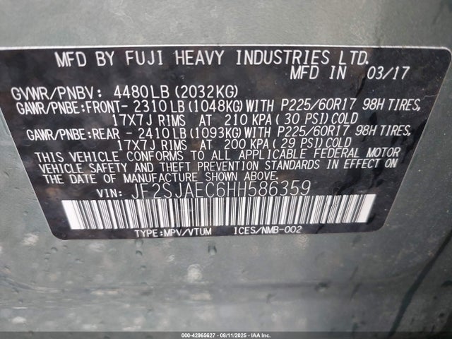 Subaru naturally aspirated u5 2017 JF2SJAEC6HH586359 Image 9