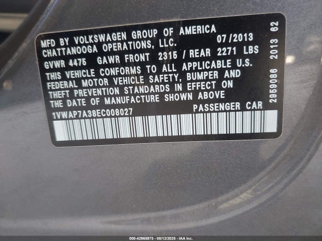 Volkswagen Passat 2014 1VWAP7A38EC008027 Image 9